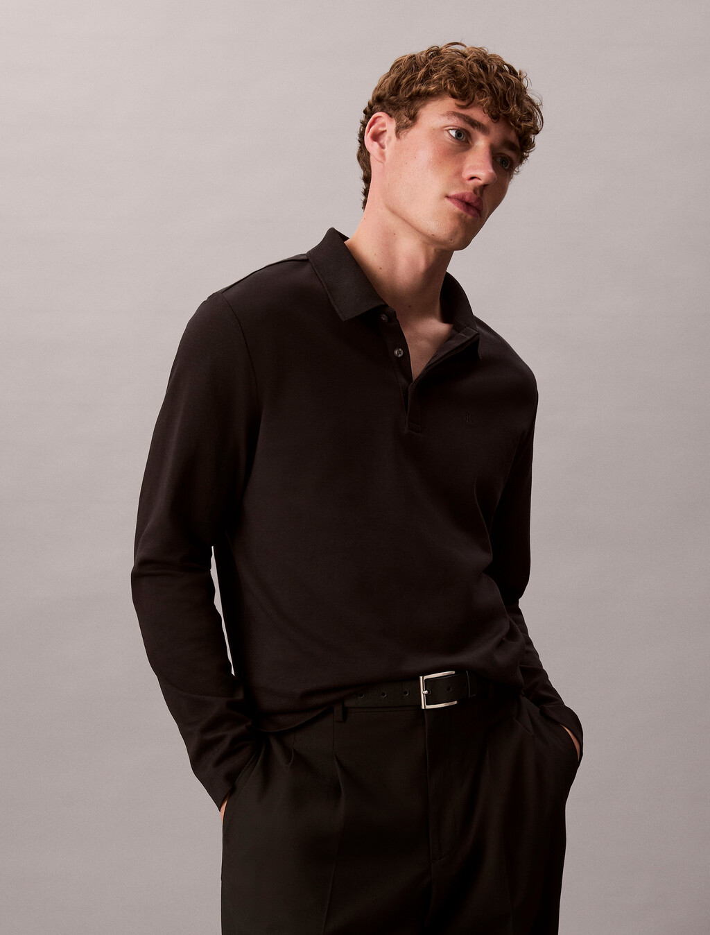 Luxe Cotton Long Sleeve Polo, Black, hi-res