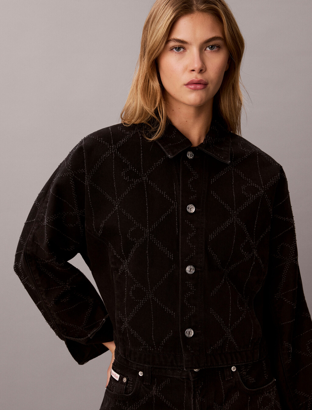 All-Over Logo Denim Jacket, CK WORN BLACK, hi-res