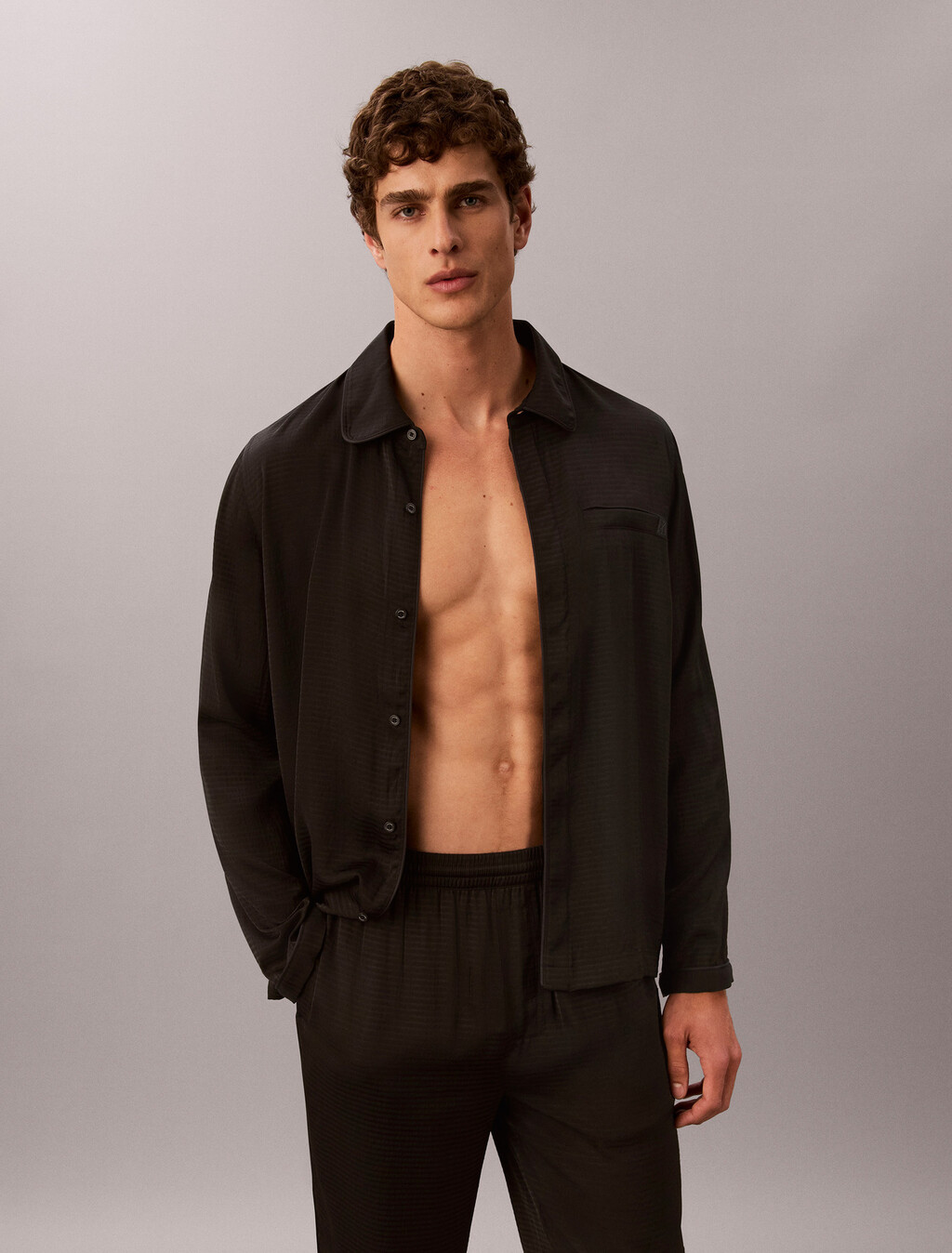 Matte Shine Button-Down Sleep Shirt, Black, hi-res
