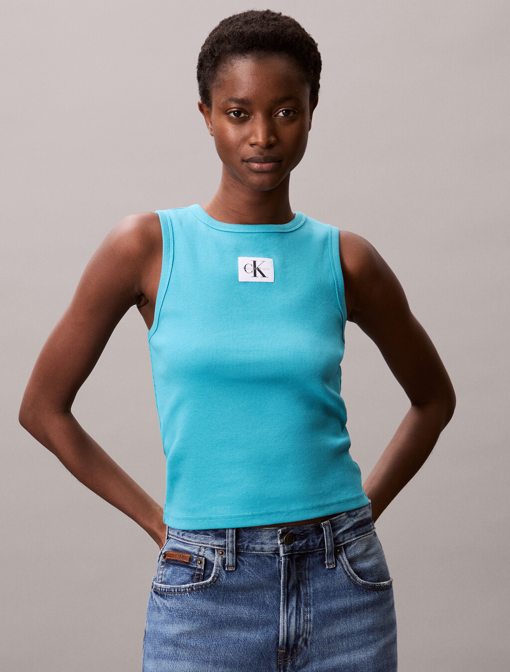 Cotton Stretch Rib Tank Top, Tuscan Teal, hi-res