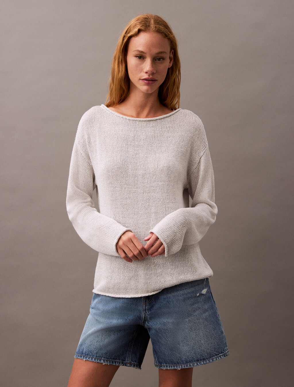 Boxy Linen Nylon Jumper, Lunar Rock, hi-res