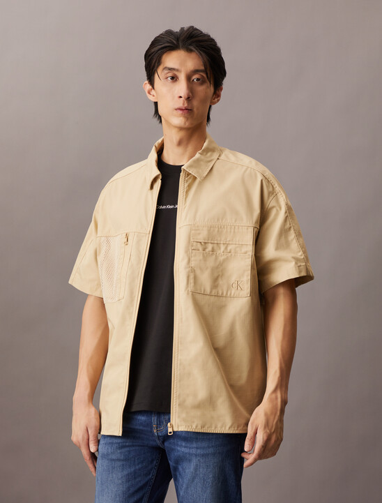 Cooling Mixed Media Zip Up Overshirt
