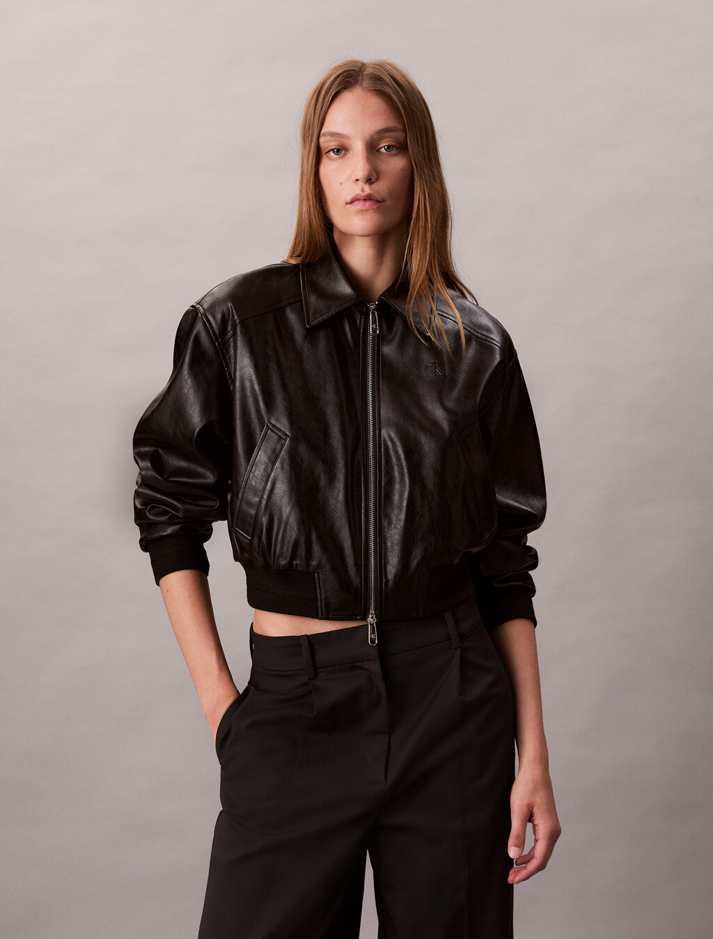 Cropped Faux Leather Bomber Jacket, Black, hi-res