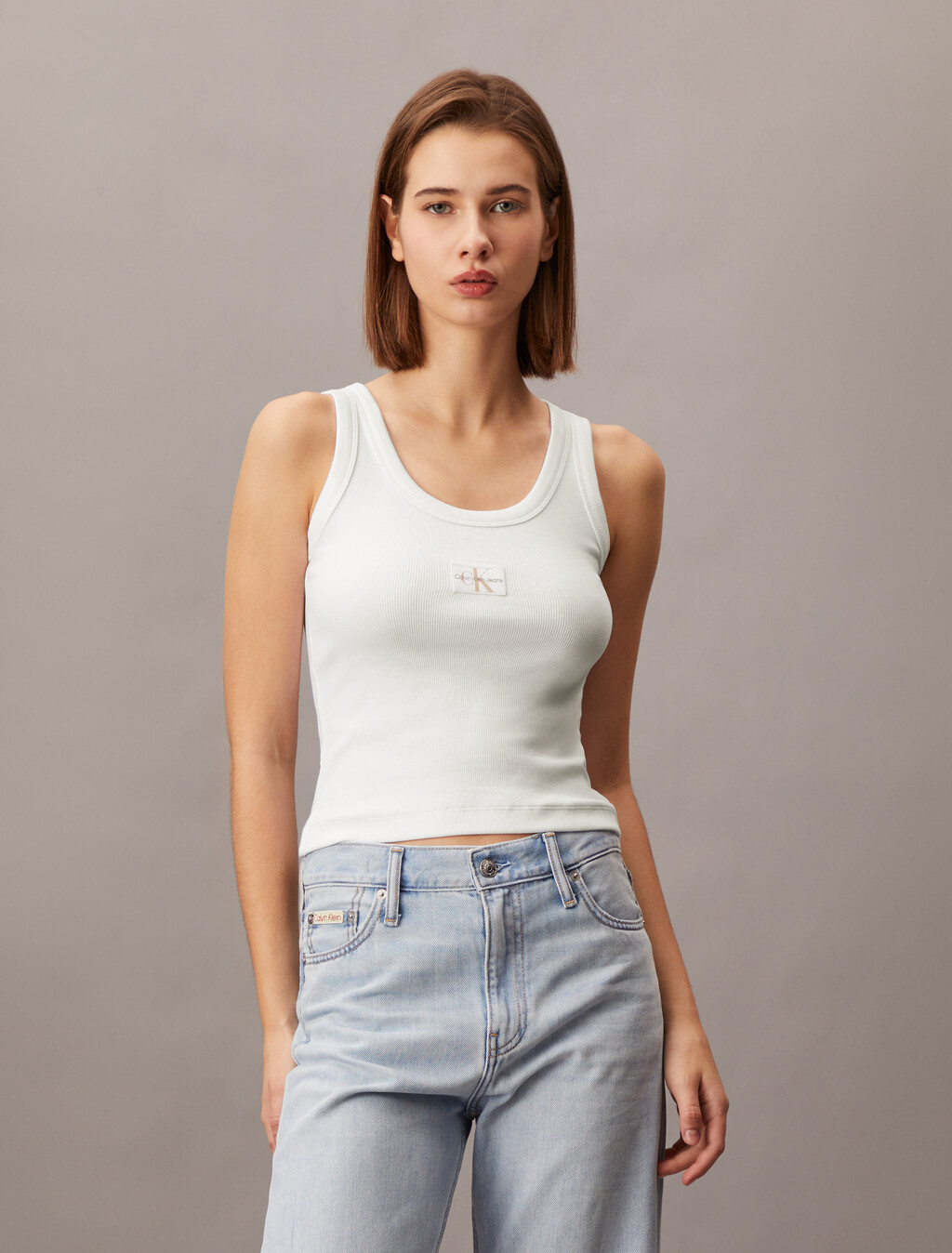 Body Stretch Rib Knit Tank Top, Bright White, hi-res