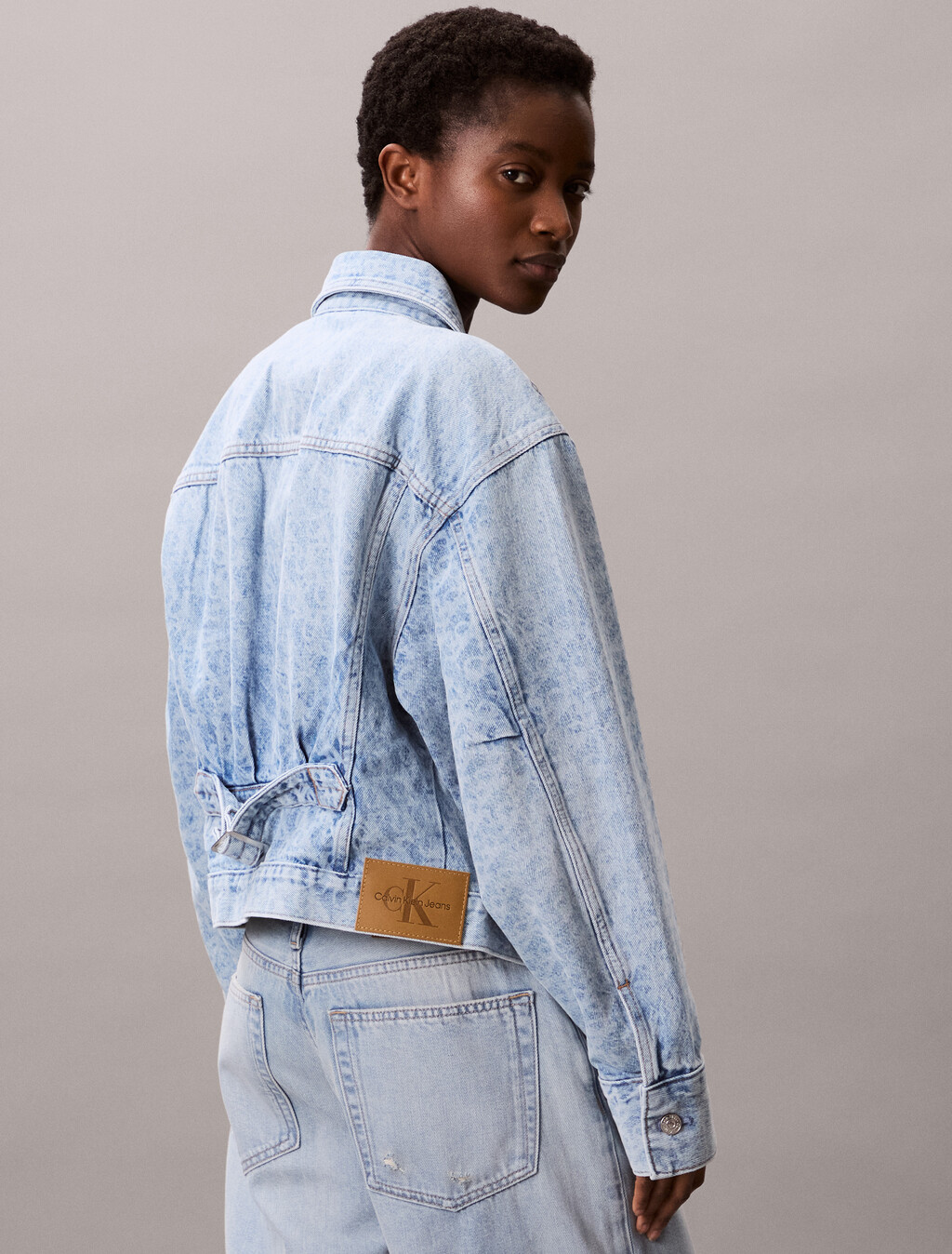 Monogram Logo Cropped Denim Jacket, CK LIGHT PRINTED, hi-res