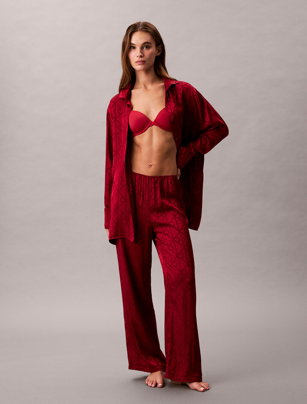 Satin Sheen Print Pyjama Pants, 19519 GIGA SATIN SHINE EMBLEM+RED STAMP, hi-res