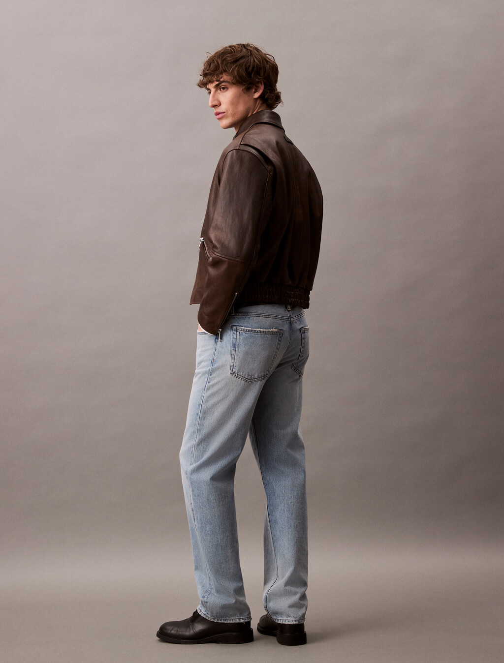 Leather Cropped Biker Jacket, Dusty Umber, hi-res