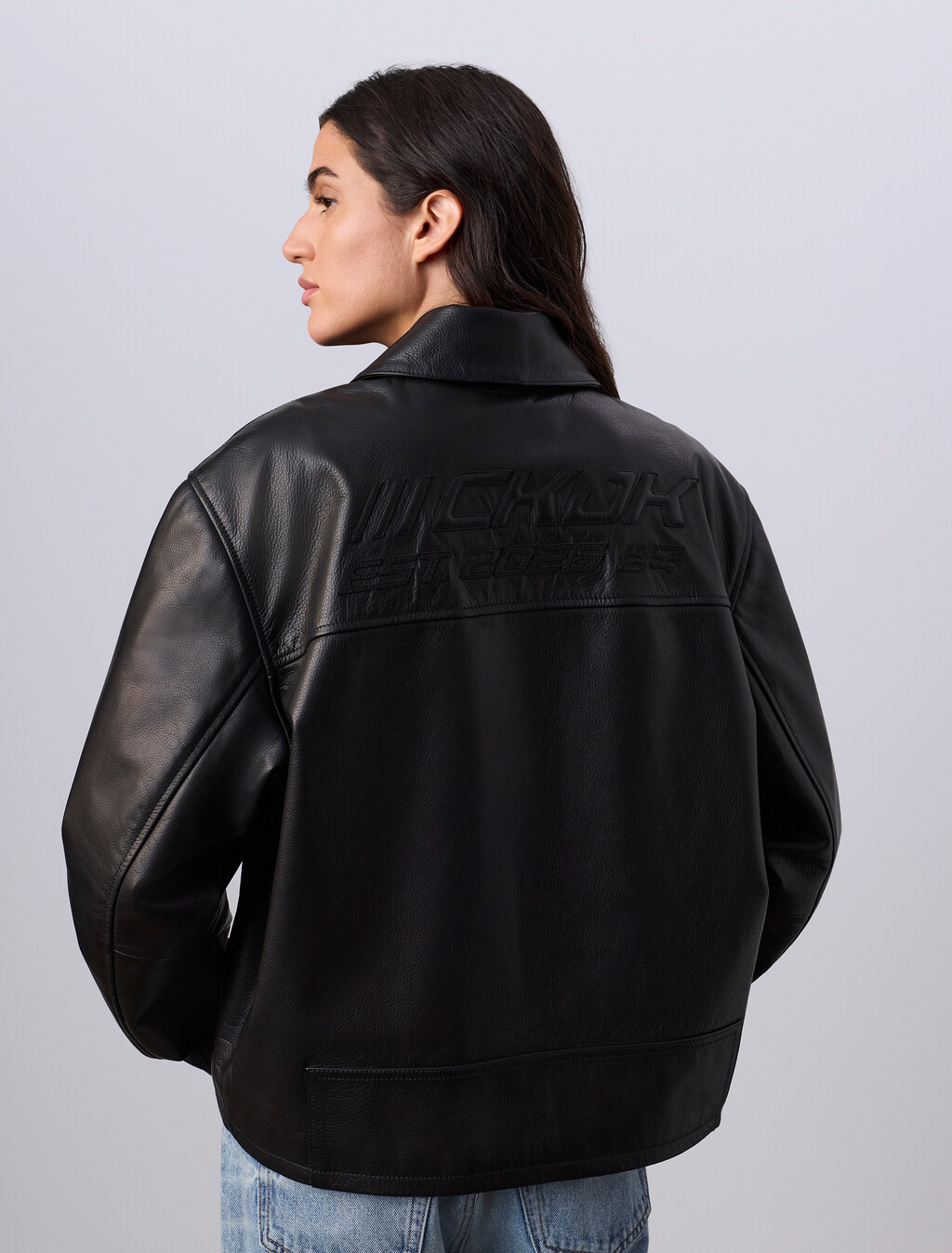 Jung Kook for Calvin Klein Leather Racer Jacket, Black, hi-res