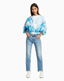 ITALIAN DENIM HIGH RISE SLIM STRAIGHT JEANS, Light Blue, hi-res