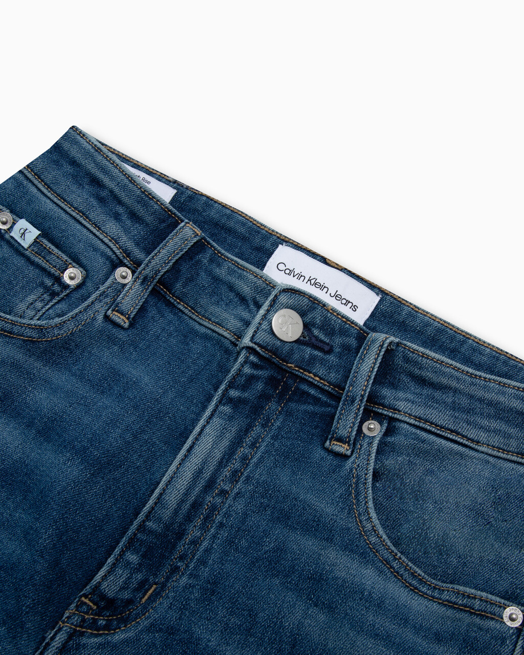 Italian Denim High Rise Slim Straight Jeans, Med Blue Side Emboss, hi-res