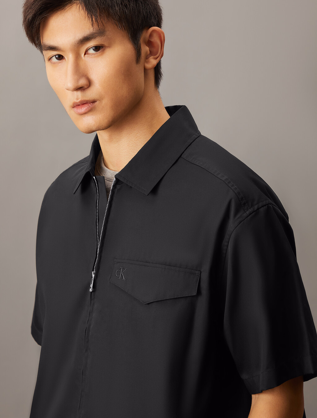 Zip Up Poplin Shirt, Ck Black, hi-res
