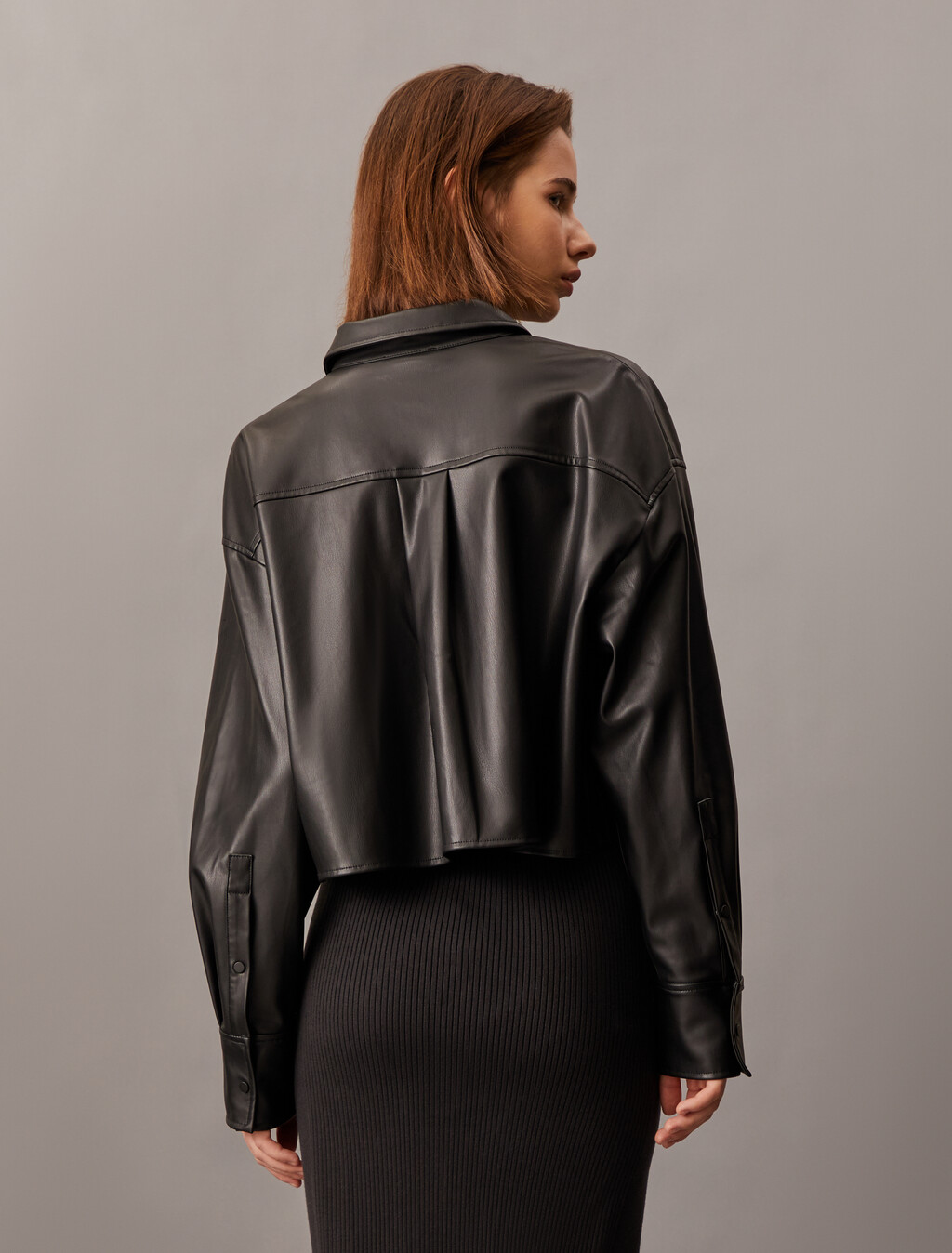 Faux Leather Cropped Shirt, Ck Black, hi-res