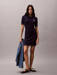 Micro Cable Knit Polo Mini Dress, Evening Blue, hi-res