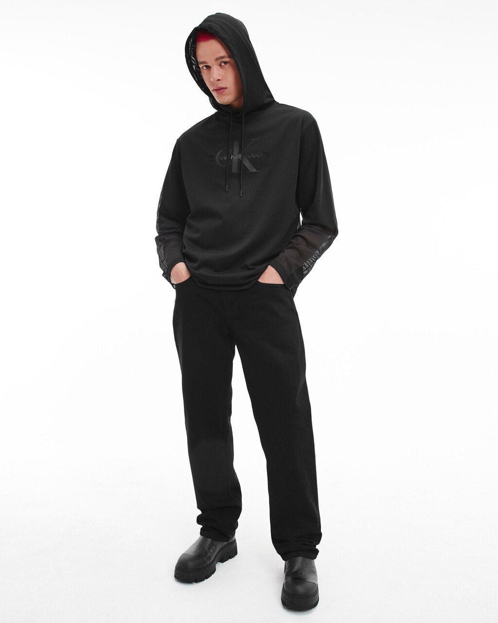 BLACK ARCHIVAL MONOGRAM MESH HOODIE, Ck Black, hi-res