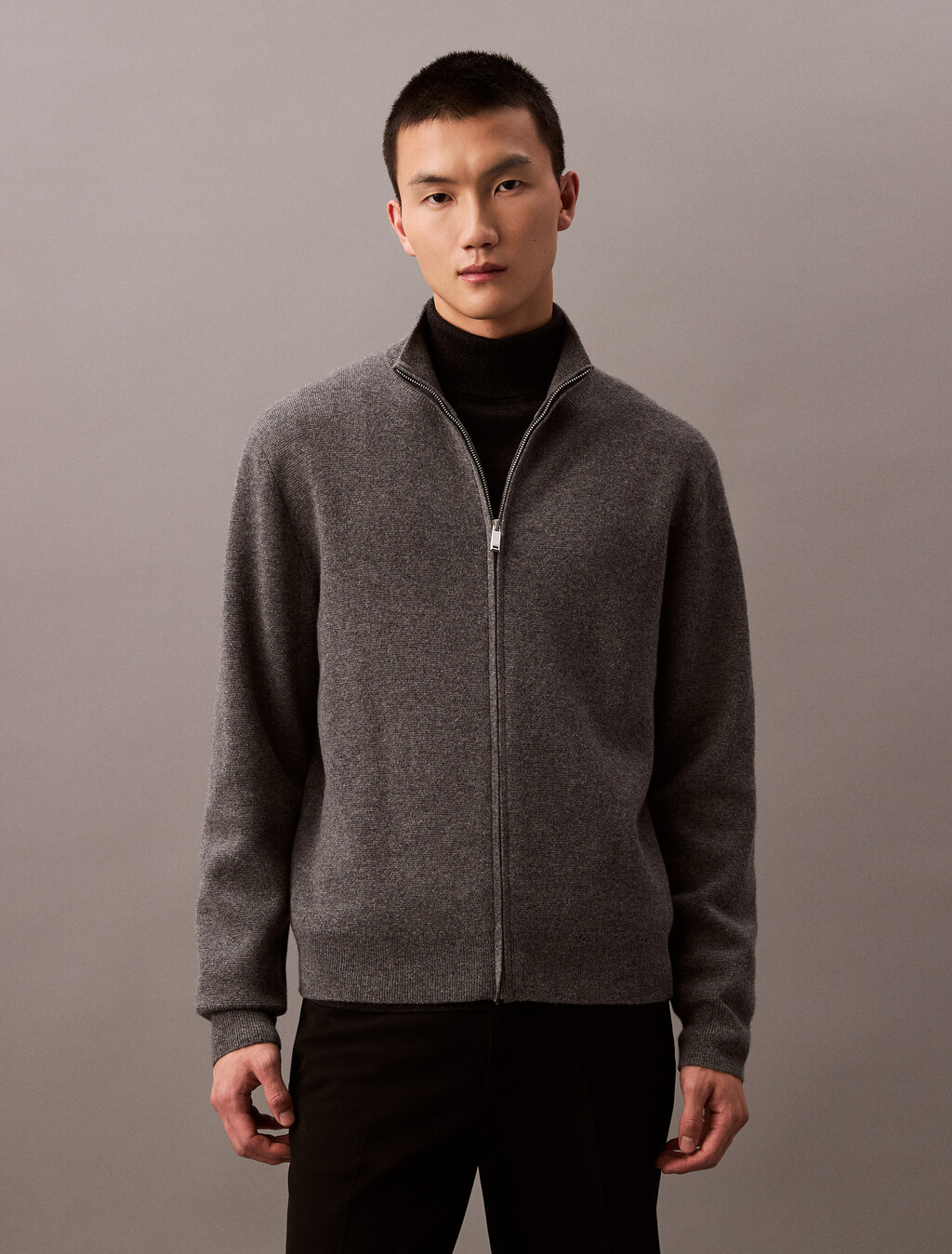 Cashmere Full Zip Sweater, Dark Cliff Htr, hi-res