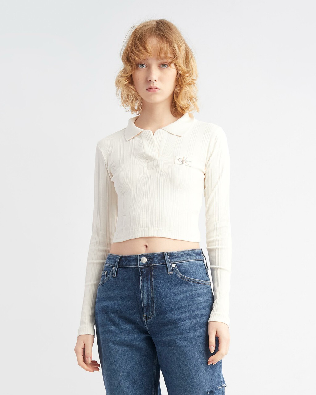SMALL LOGO BADGE RIB KNIT TOP, IVORY, hi-res