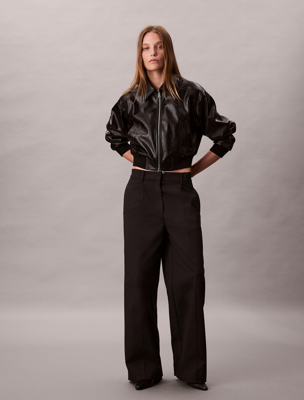 Cropped Faux Leather Bomber Jacket, Black, hi-res