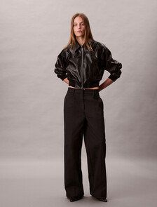 Cropped Faux Leather Bomber Jacket, Black, hi-res