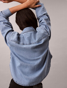 Washed Cropped Denim Shirt, BLUE RIVIERA, hi-res