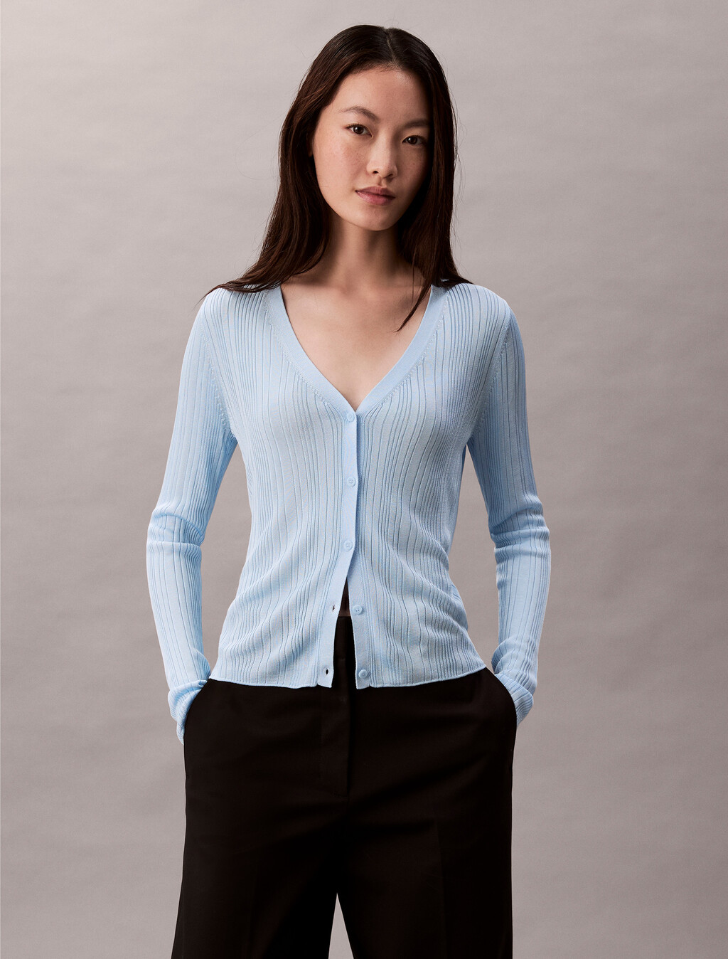 Shiny Viscose Rib Cardigan, Cool Blue, hi-res