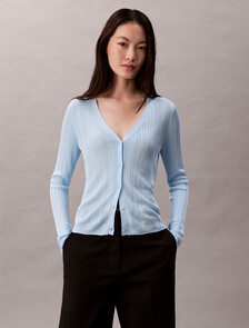 Shiny Viscose Rib Cardigan, Cool Blue, hi-res