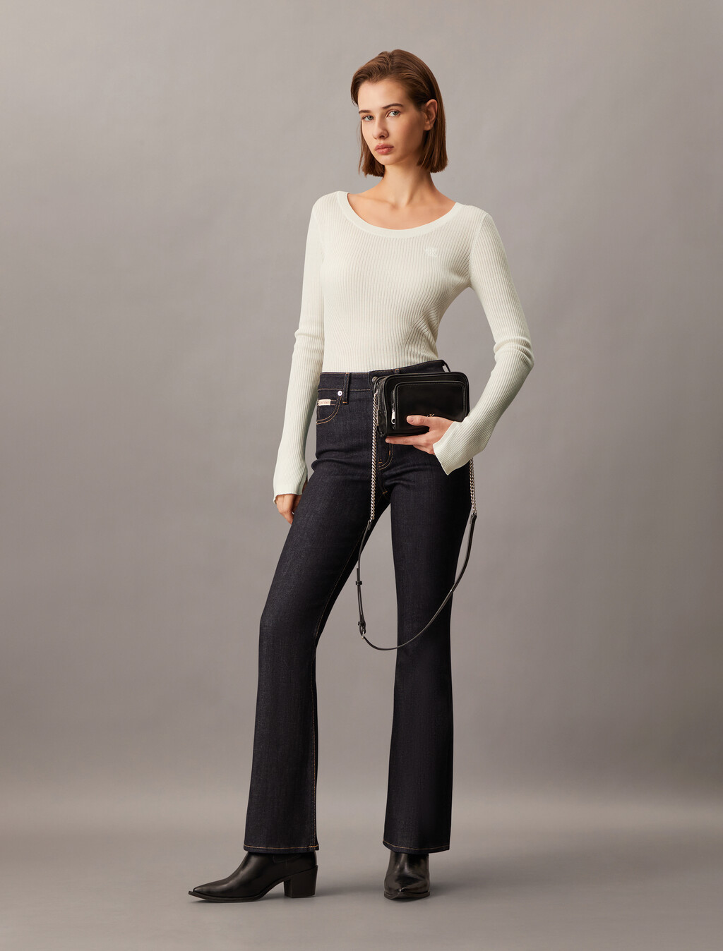 Rib Knit Slim Knit Top, Ivory, hi-res