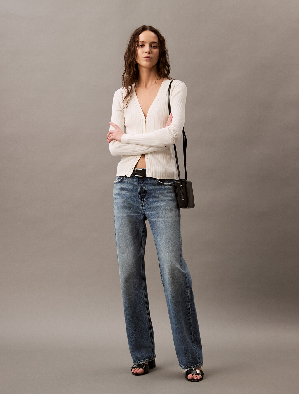 Cotton Variegated Rib Knit Cardigan, Tofu, hi-res