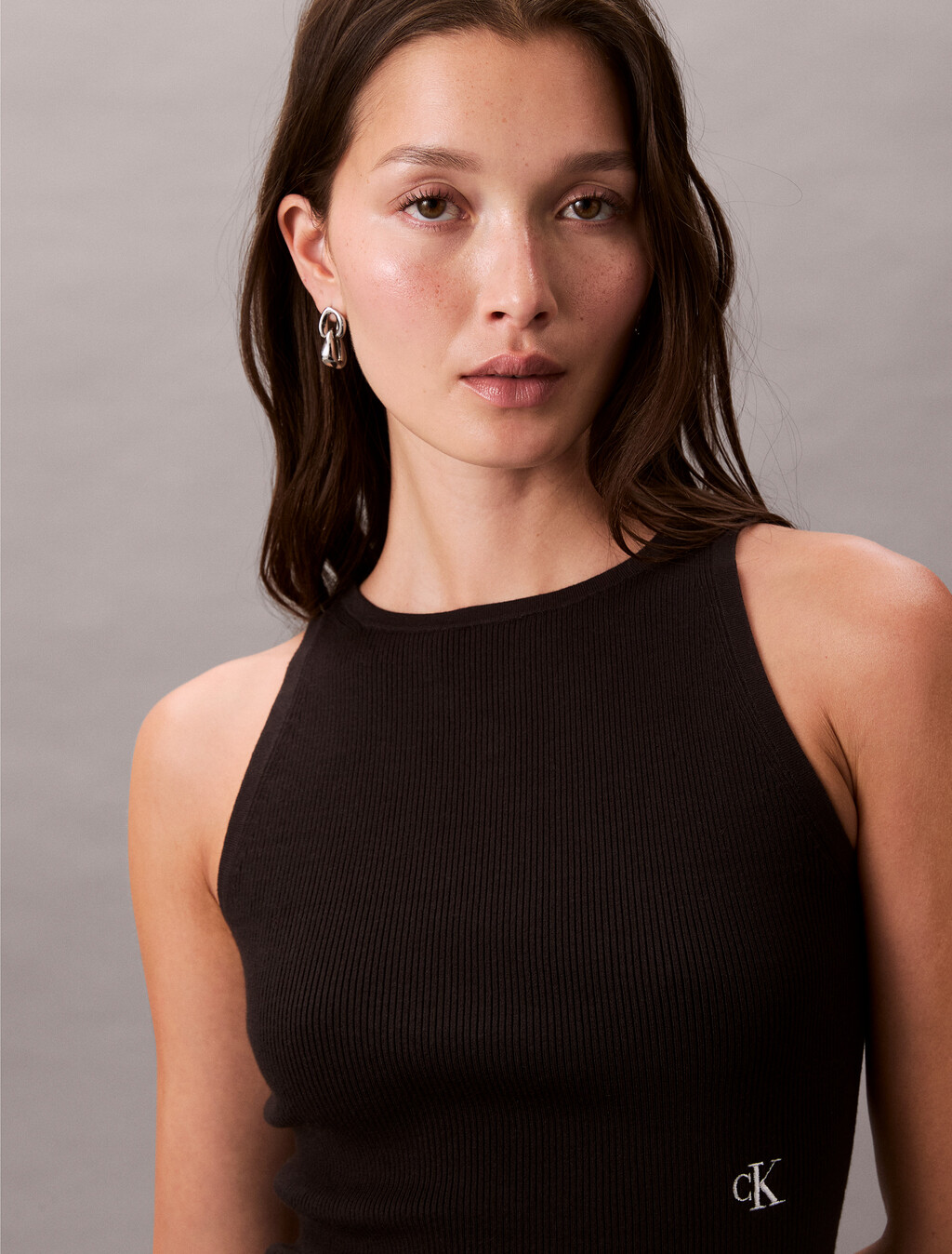 Tie Back Lyocell Rib Knit Tank Top, Black, hi-res