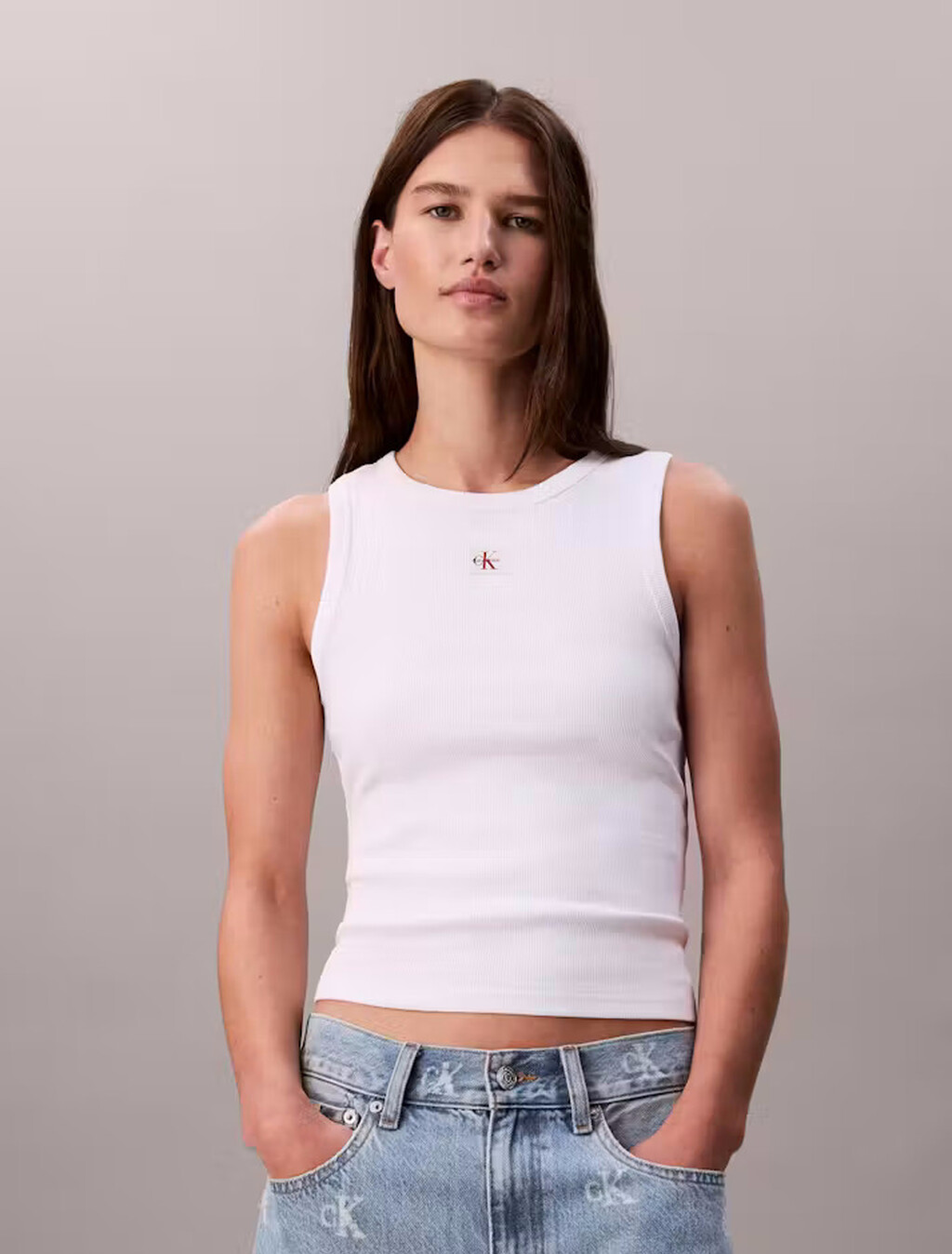 Cotton Stretch Rib Tank Top, Bright White, hi-res
