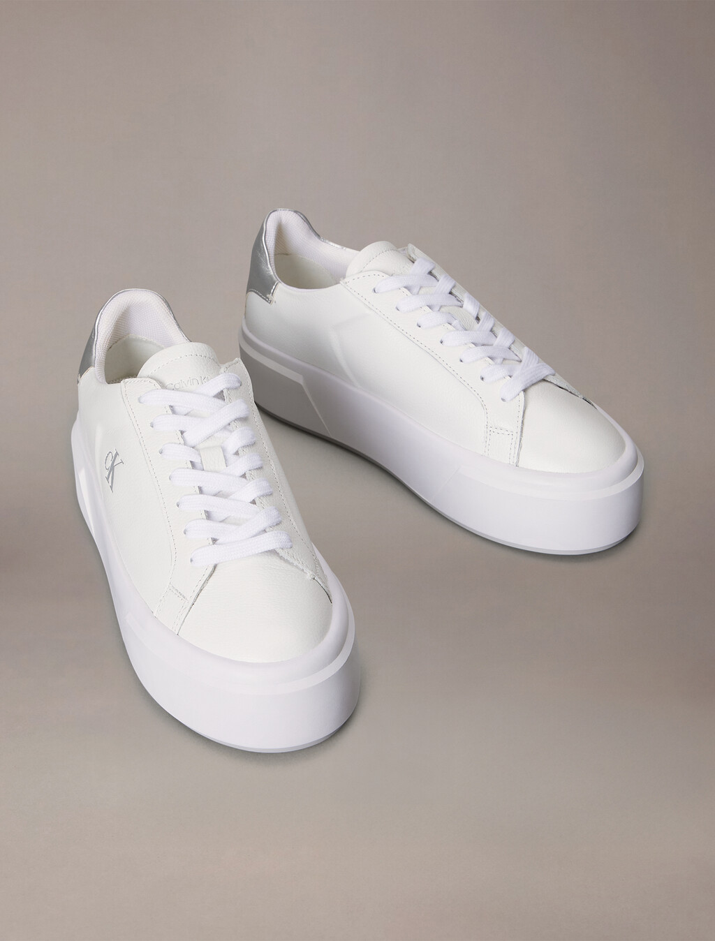 Sienna - Leather Logo Platform Trainers, Bright White/Silver, hi-res