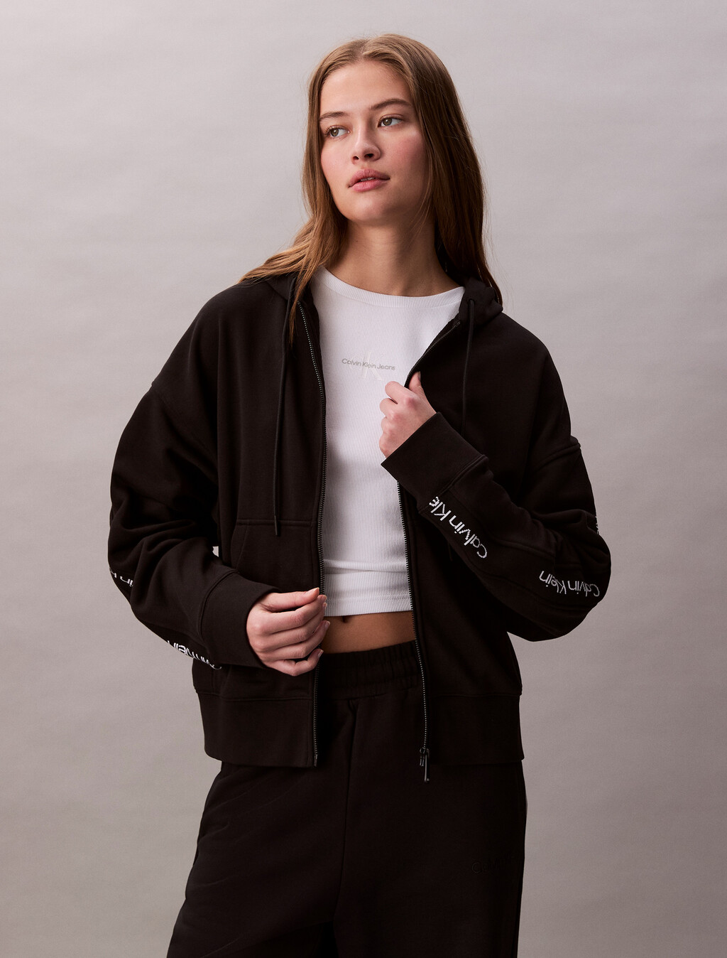 Logo Tape Terry Zip Thru Hoodie, Black, hi-res