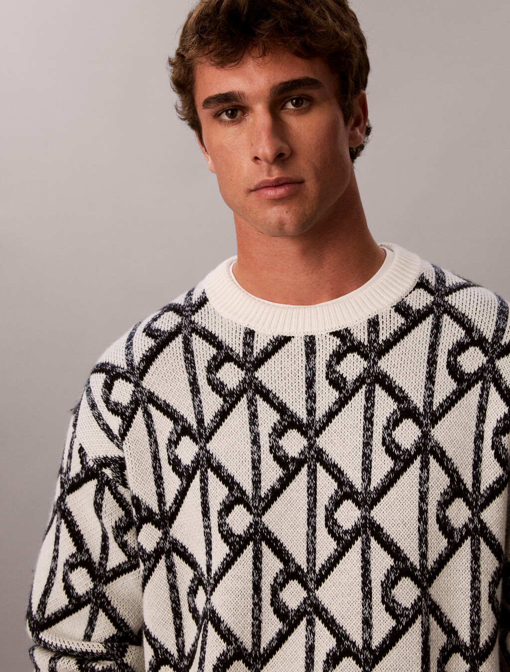 Wool Blend Logo Jacquard Jumper, Antique White, hi-res