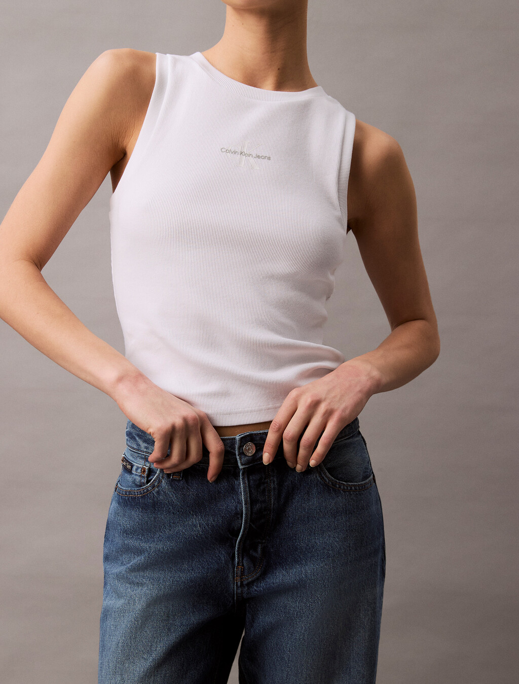 Monogram Rib Knit Tank Top, Brilliant White, hi-res