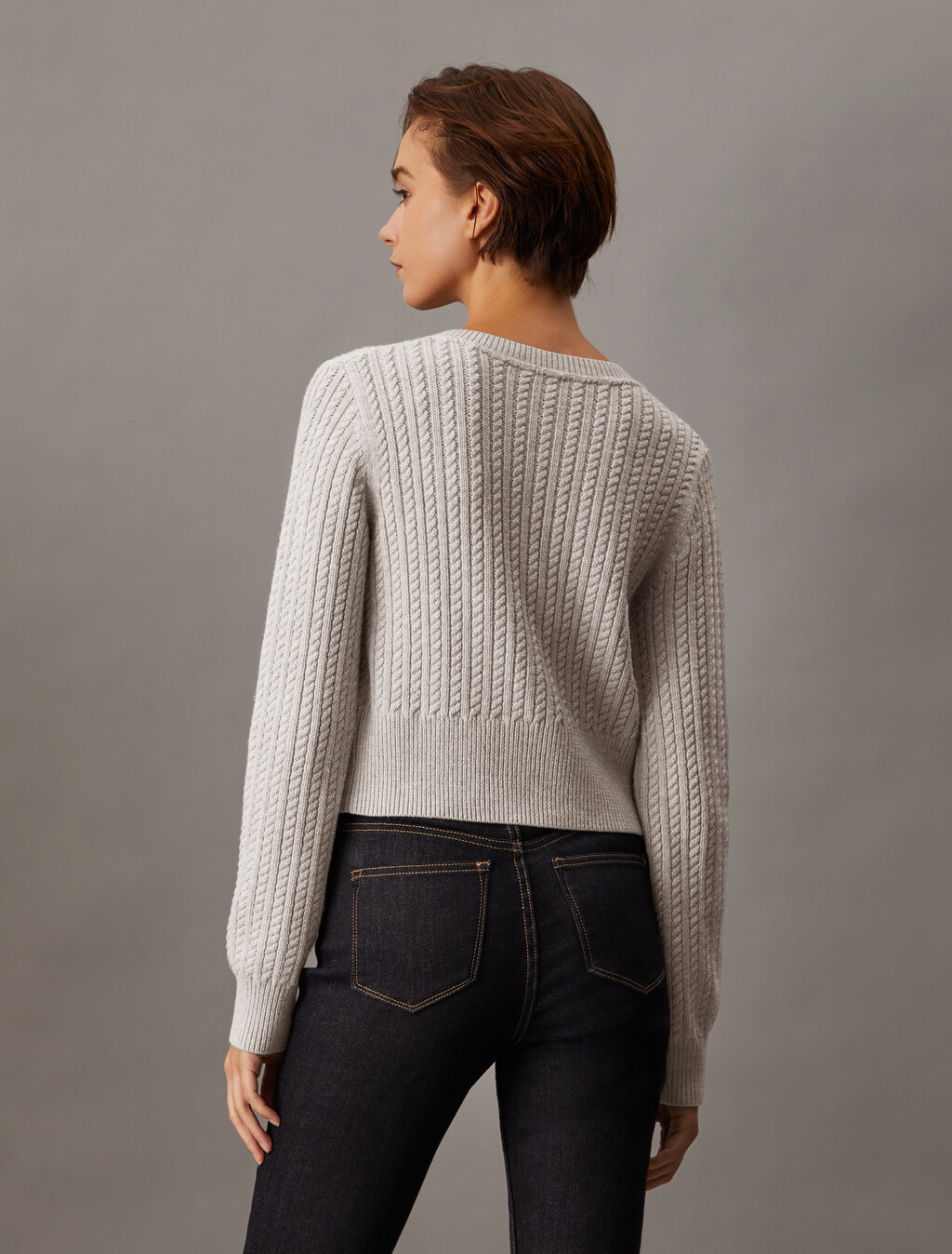 Cropped Cable Knit Cardigan, Light Grey Heather, hi-res