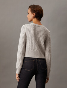 Cropped Cable Knit Cardigan, Light Grey Heather, hi-res
