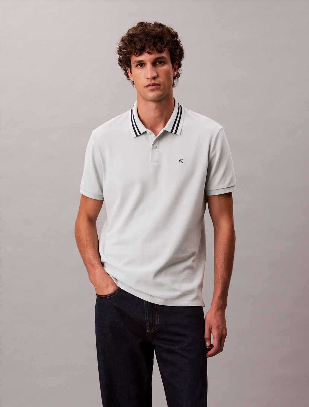 Monogram Logo Pique Tipped Classic Polo Shirt, Misty Blue, hi-res