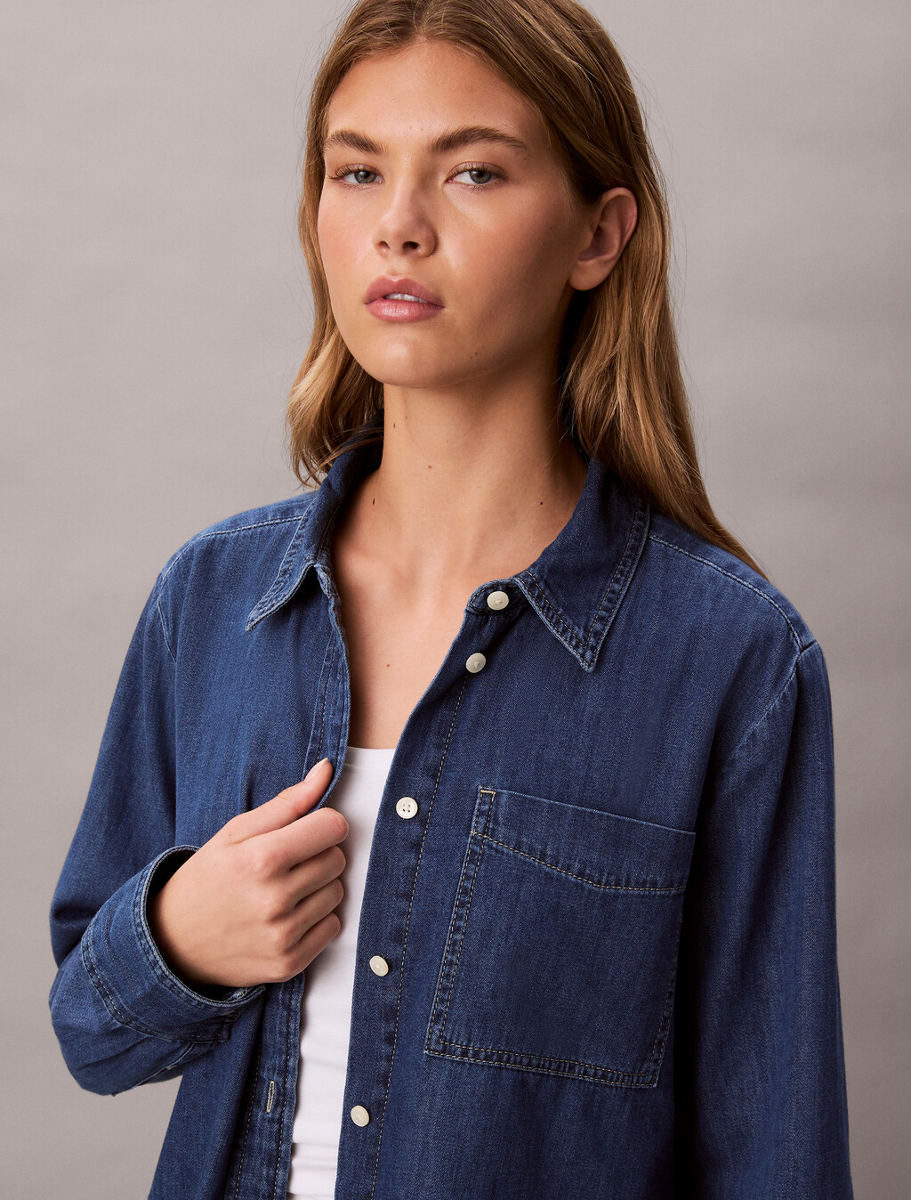 Vintage Cropped Denim Shirt, CK VINTAGE INDIGO, hi-res