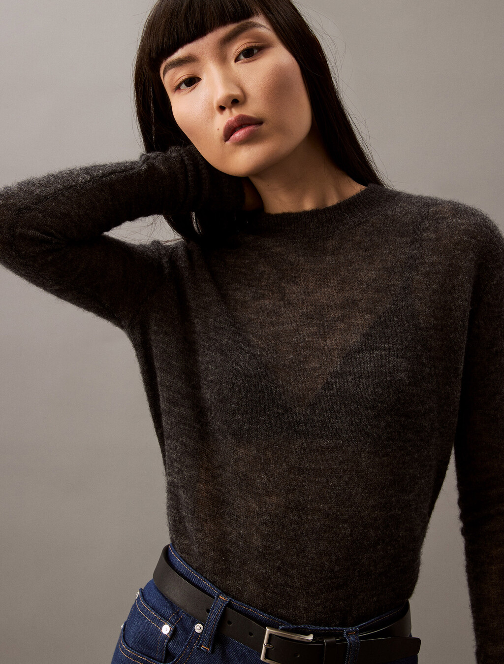 Sheer Alpaca Fine Gauge Crewneck Sweater, Gun Metal Heather, hi-res