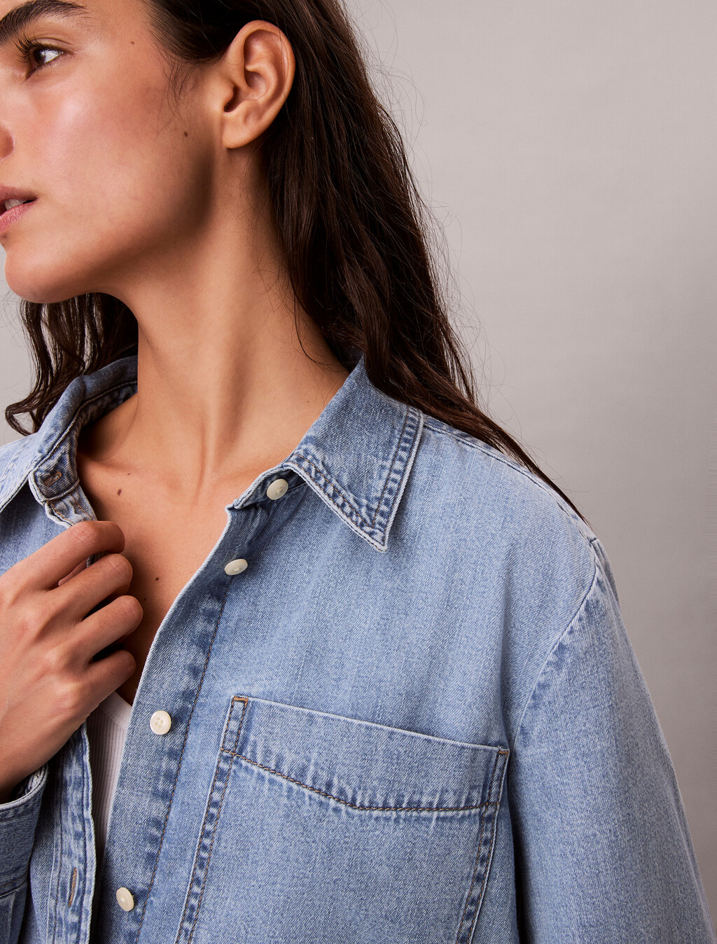 Washed Cropped Denim Shirt, BLUE RIVIERA, hi-res