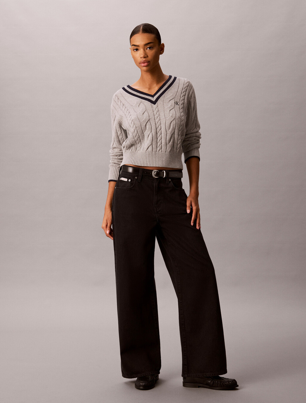Cable Knit V-Neck Sweater, B10 Grey Heather, hi-res