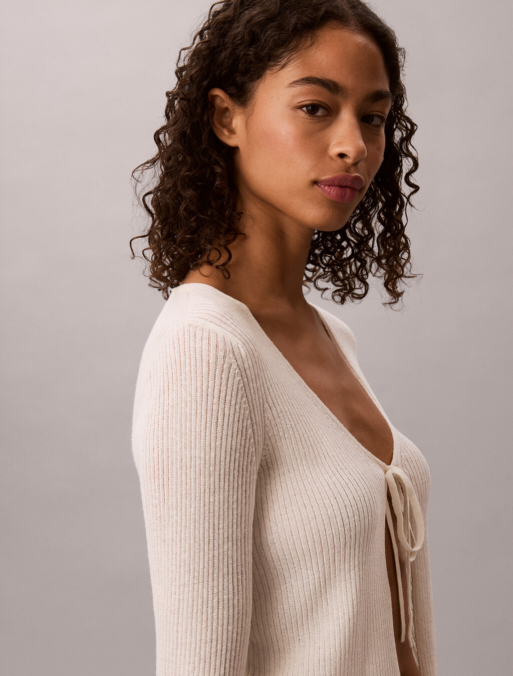 Linen Blend Tie Front Cardigan, Tofu, hi-res