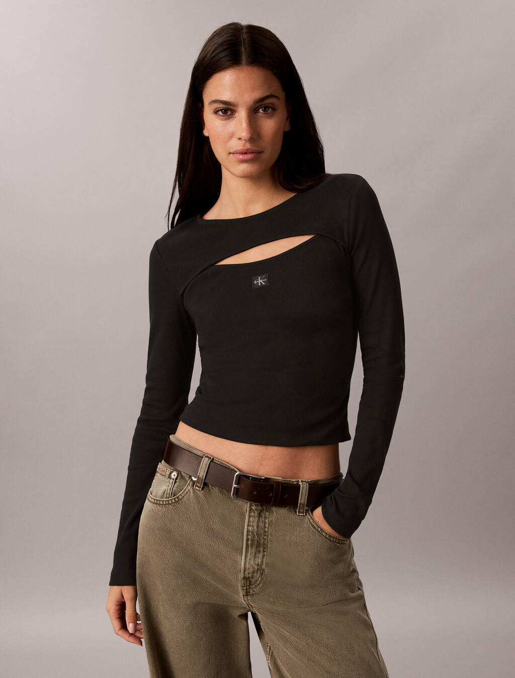 Cut-Out Rib Top, Black, hi-res