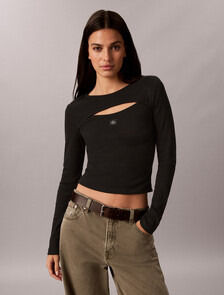 Cut-Out Rib Top, Black, hi-res