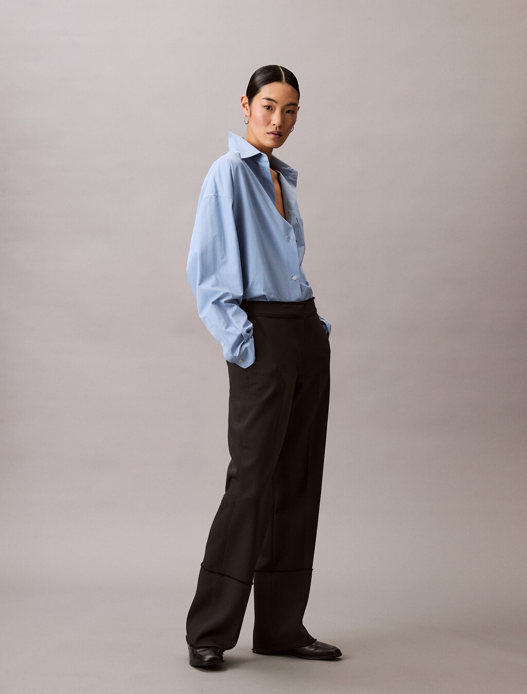 Wool Blend Gabardine Raw Edge Trousers, Black, hi-res