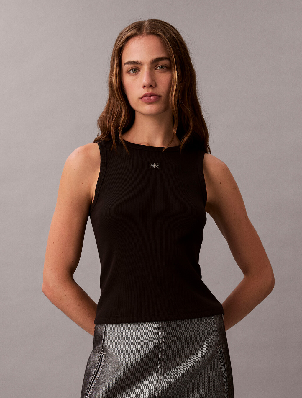 Cotton Stretch Rib Tank Top, Black, hi-res