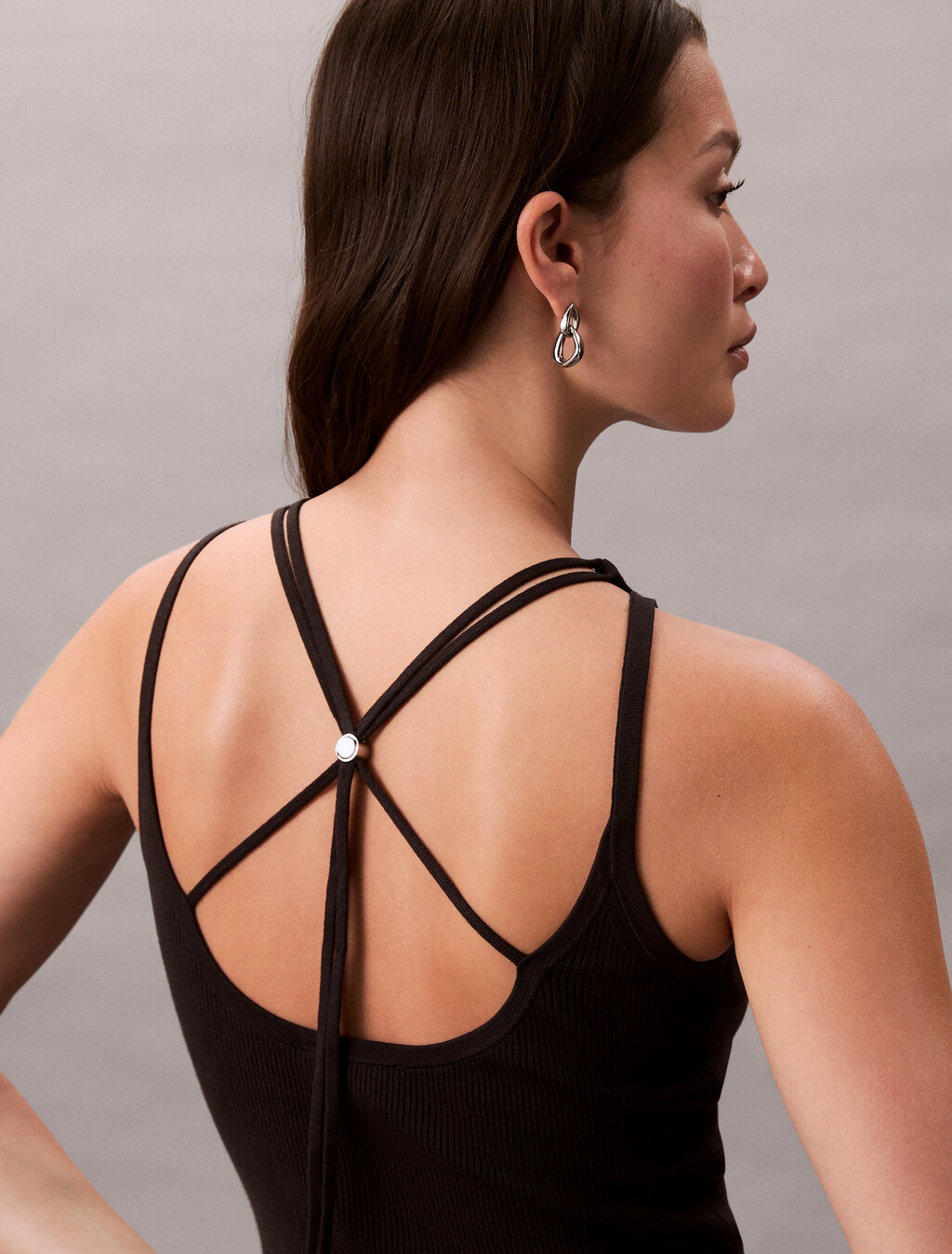 Tie Back Lyocell Rib Knit Tank Top, Black, hi-res