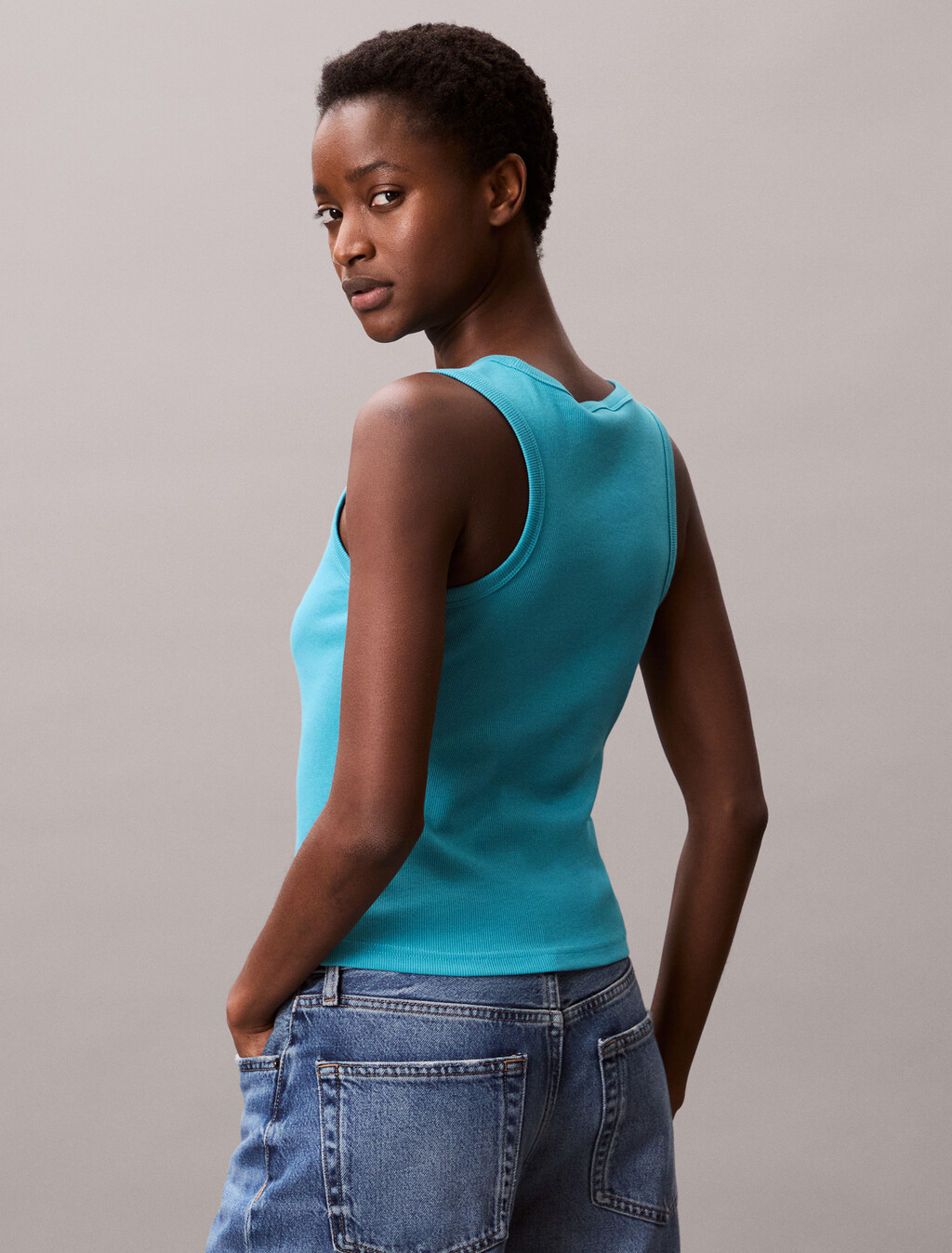 Cotton Stretch Rib Tank Top, Tuscan Teal, hi-res