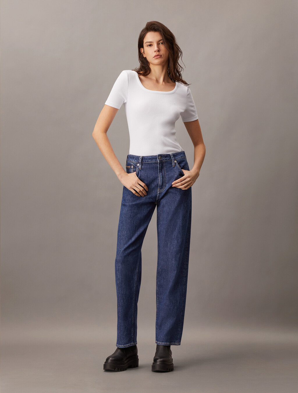 Casual Scoop Neck Rib Knit Tee, Brilliant White, hi-res