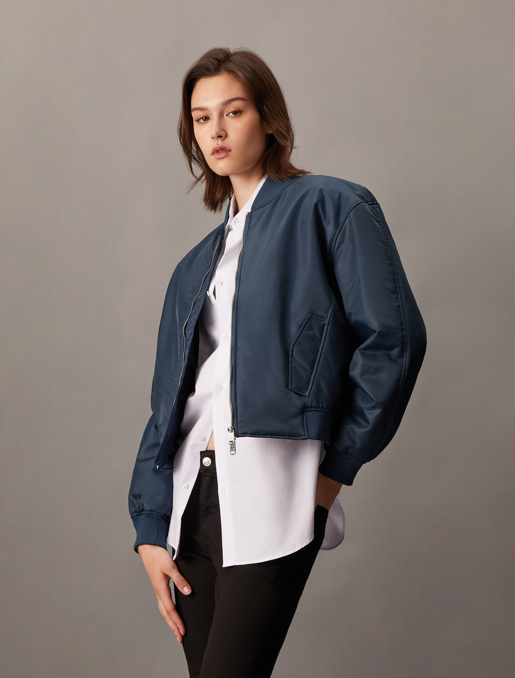 Padded Nylon Bomber Jacket, Ink, hi-res