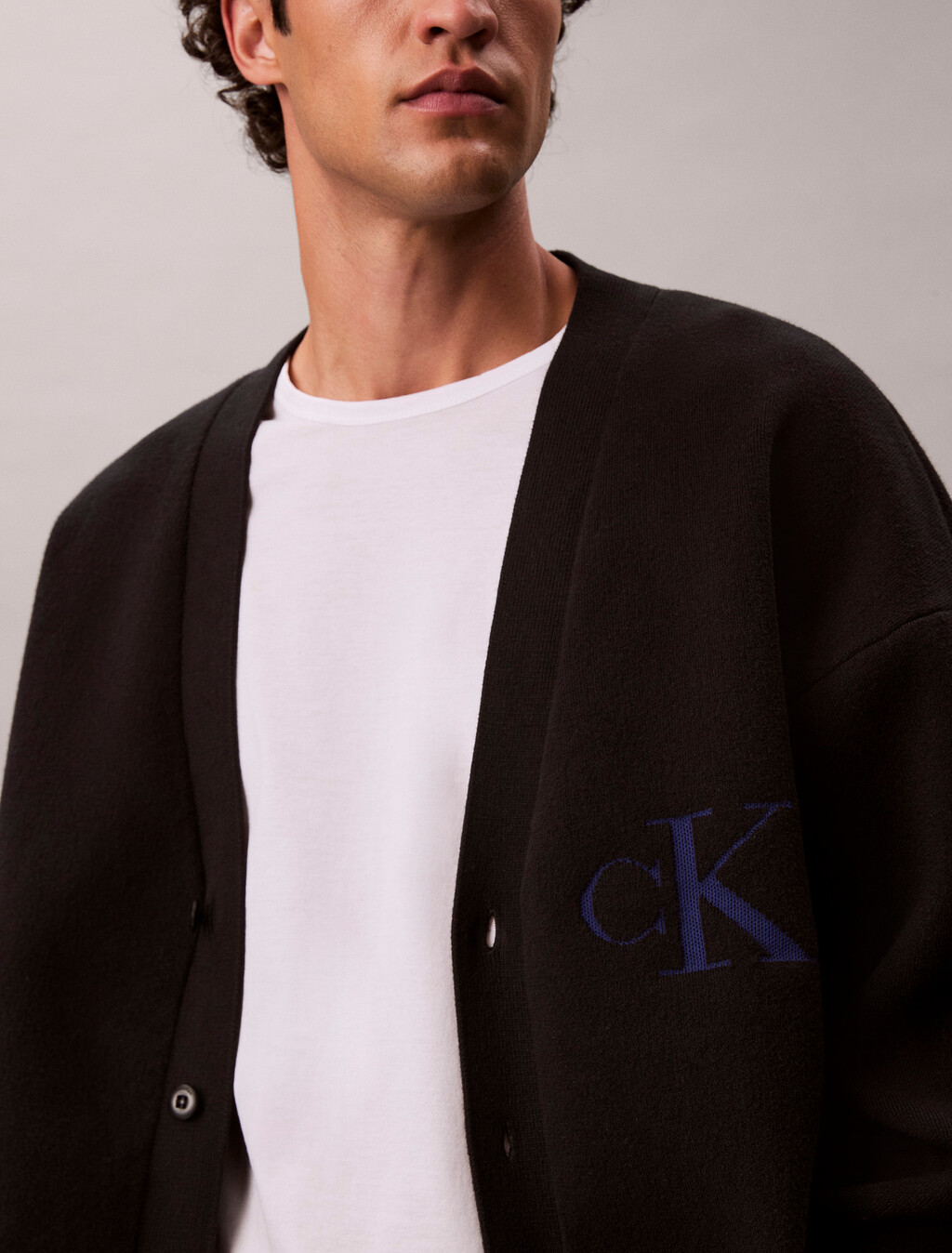Cotton Blend Monogram Logo Relaxed Cardigan, Black, hi-res